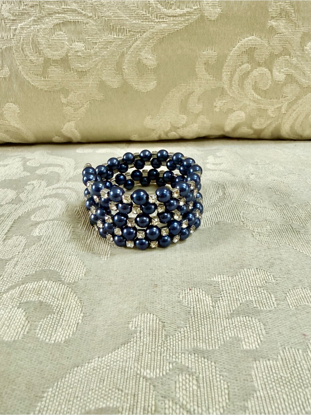 Blue Faux Pearl & Rhinestone Memory Wire Coil Wrap Bracelet